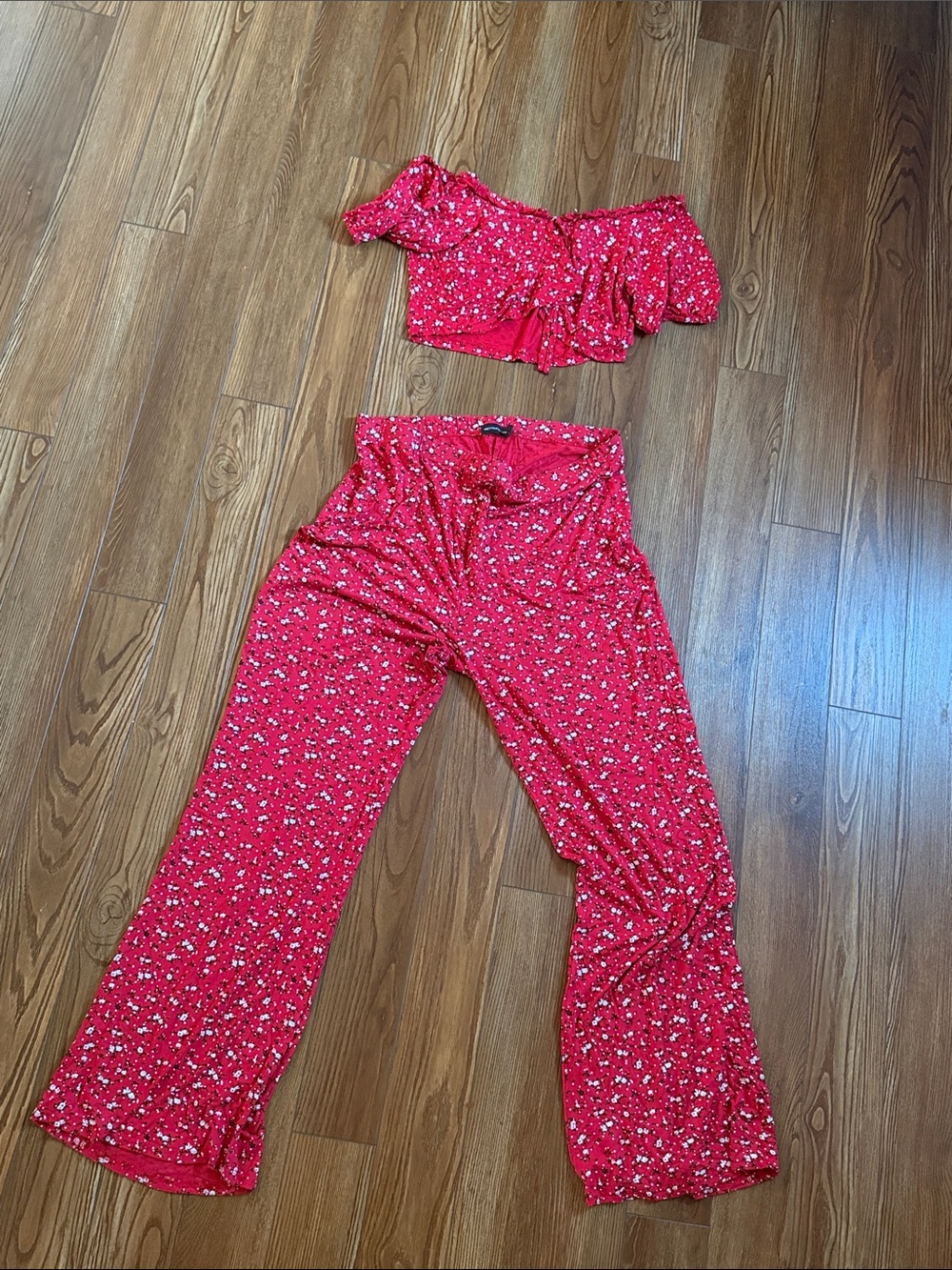 Red Floral Wide-Leg Pants with Top